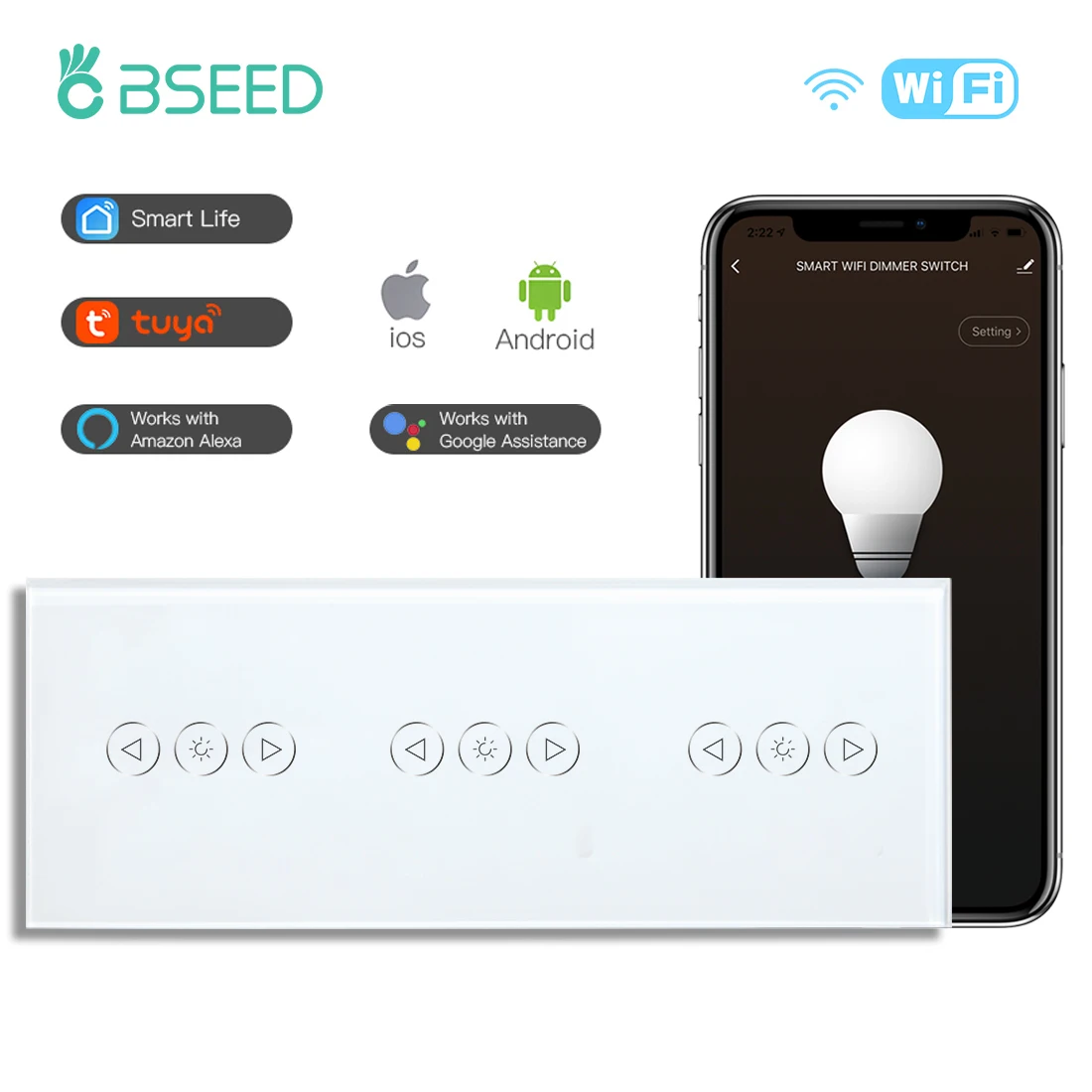 BSEED Triple Wifi Touch Dimmer Switches Wall Smart Dimmers Tuya Goolge Smart Life Alexa Voice APP Control EU Standard 228mm 10A
BSEED Triple Wifi Touch Dimmer Switches Wall Smart Dimmers Tuya Goolge Smart Life Alexa Voice APP Control EU Standard 228mm 10A
