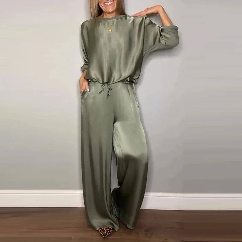 Retro Elegant Office Women's Loose Top Casual Long Set 2025 Women's Round Neck Satin Spring Pants Set Spring
Retro Elegant Office Women's Loose Top Casual Long Set 2025 Women's Round Neck Satin Spring Pants Set Spring