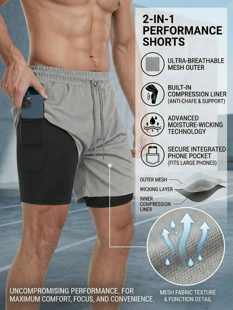 2-In-1 Mens Performance Shorts Quick-Dry Breathable Mesh With Compression Liner And Phone Pocket
2-In-1 Mens Performance Shorts Quick-Dry Breathable Mesh With Compression Liner And Phone Pocket