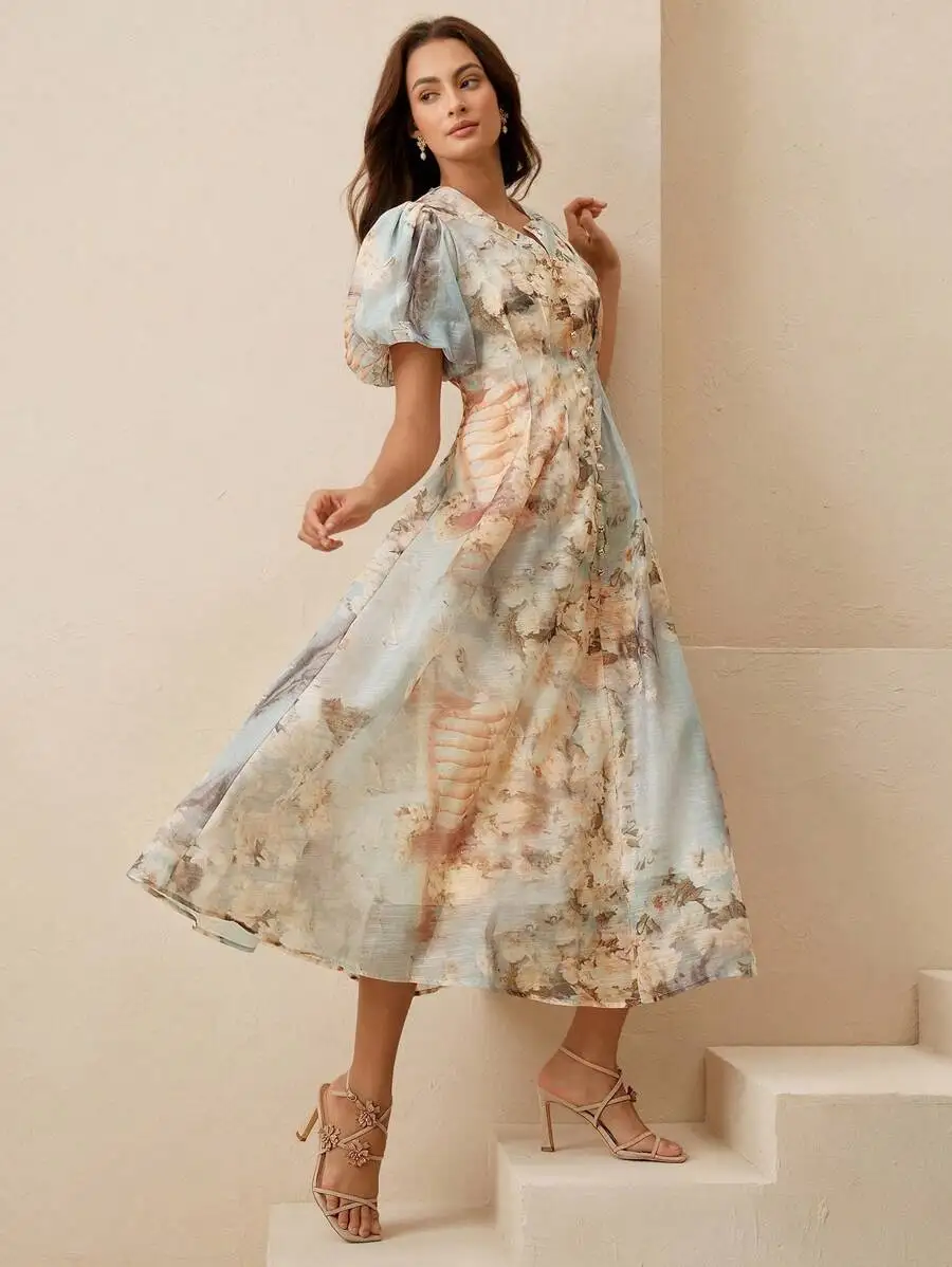 Floral A-Line Midi Dress With Puffed Sleeves, V-Neck, Pearl Buttons, And Soft Pastel Print For Women
Floral A-Line Midi Dress With Puffed Sleeves, V-Neck, Pearl Buttons, And Soft Pastel Print For Women