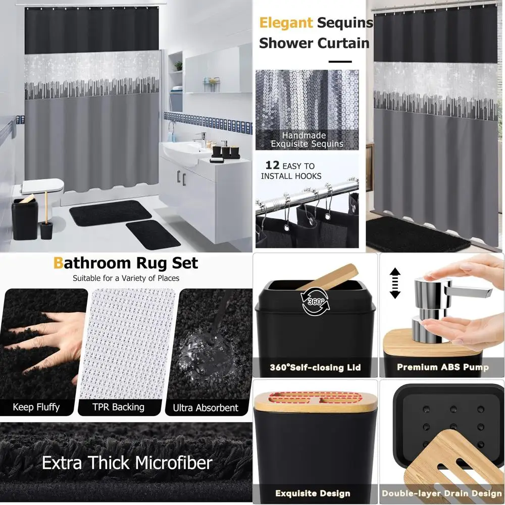 24-Piece Black Bathroom Set with Shower Curtain and Rugs, Including Trash Can and Accessories
24-Piece Black Bathroom Set with Shower Curtain and Rugs, Including Trash Can and Accessories