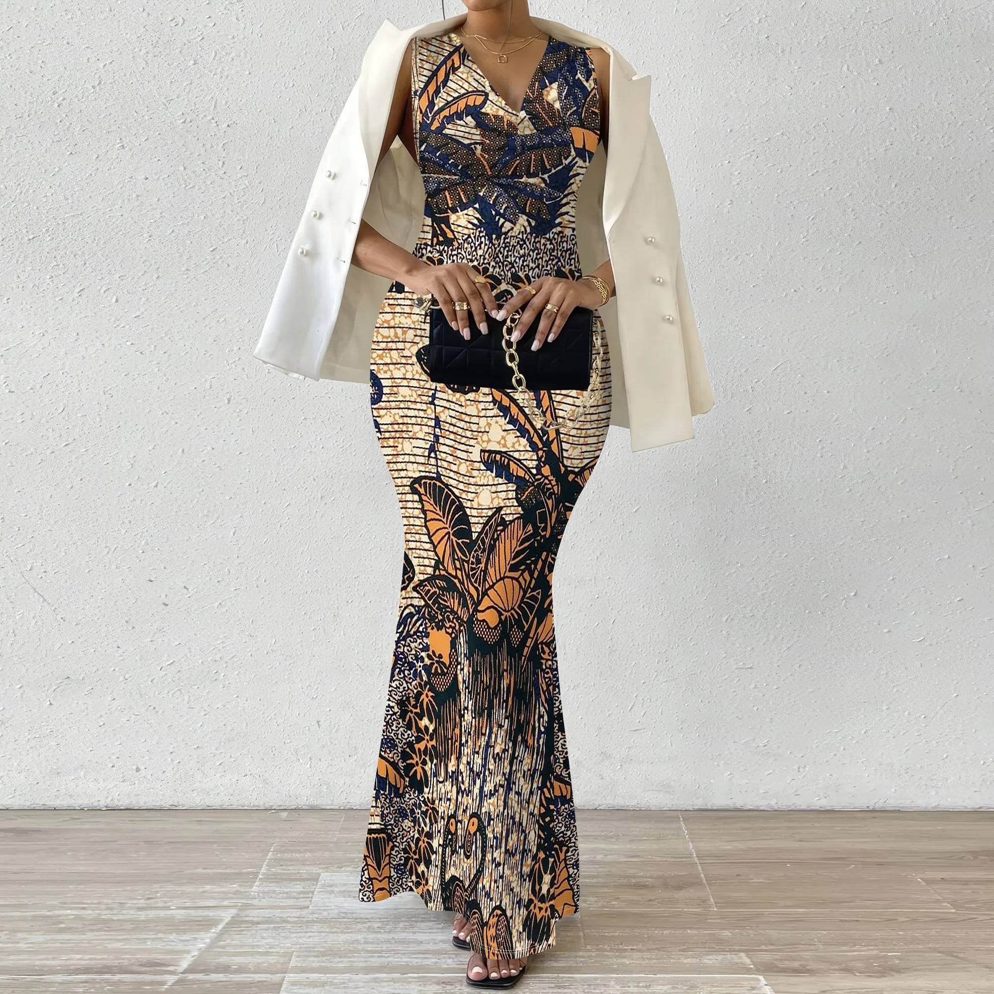 Women's Tropical Print Maxi Dress Boho V-Neck Sleeveless Bodycon Mermaid Dress for Evening Party Wear XS-2XL
Women's Tropical Print Maxi Dress Boho V-Neck Sleeveless Bodycon Mermaid Dress for Evening Party Wear XS-2XL