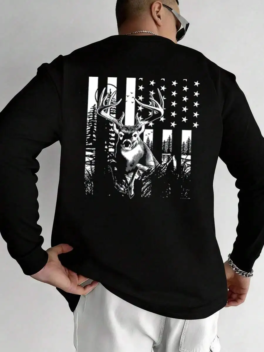 Mens Casual Crew Neck Long Sleeve Cotton T-Shirt With Deer And American Flag Graphic Print
Mens Casual Crew Neck Long Sleeve Cotton T-Shirt With Deer And American Flag Graphic Print