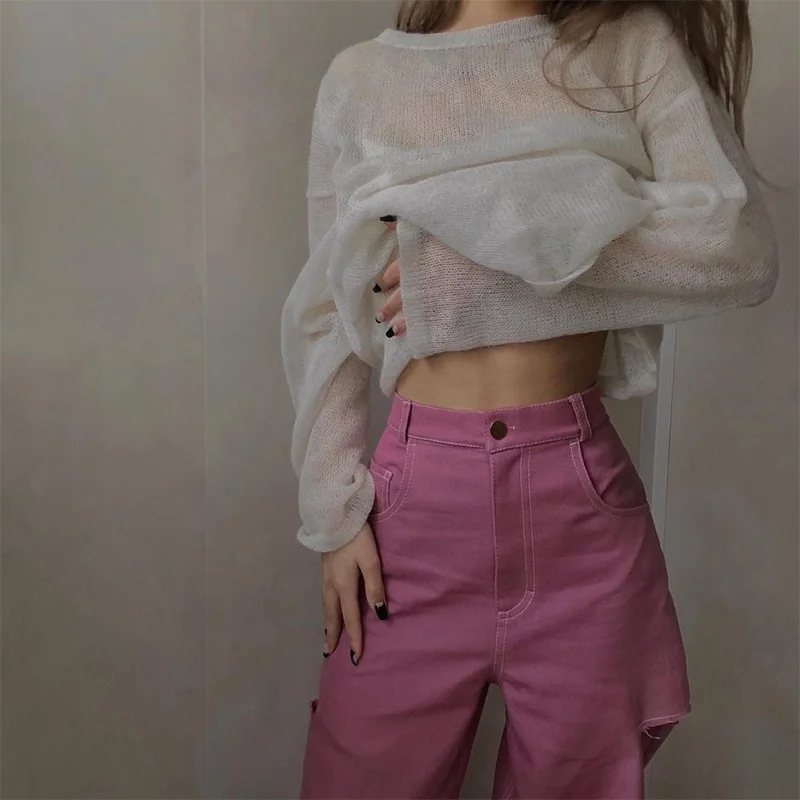 Spring Summer Loose round Neck See through Shirt Long Sleeve Women's Set with Wide Leg Pants Ripped Denim Casual Outfit
Spring Summer Loose round Neck See through Shirt Long Sleeve Women's Set with Wide Leg Pants Ripped Denim Casual Outfit