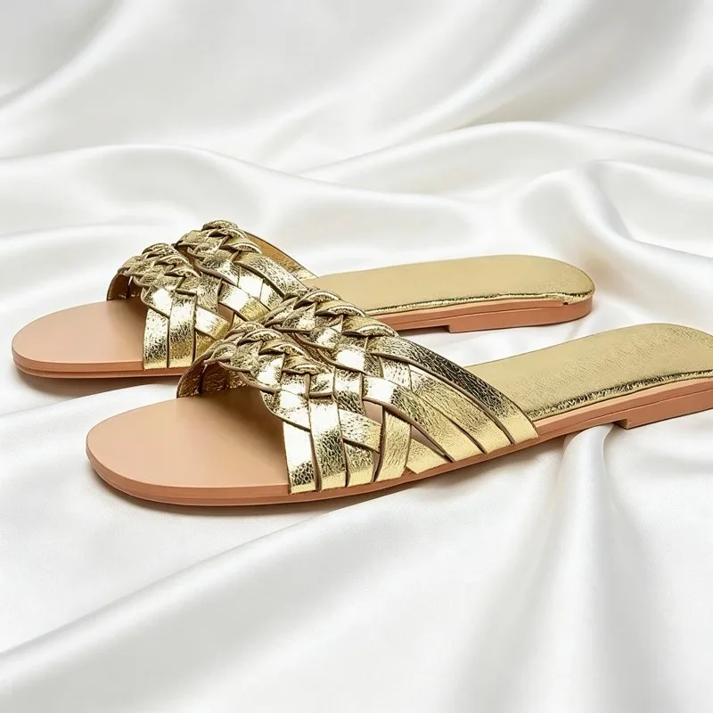 Sexy Gold Woven Flat Sandals for Women Fashion Round-Toe Open-Toe Designer Shoes Summer Holiday Beach Sandals Zapatos De Mujer
Sexy Gold Woven Flat Sandals for Women Fashion Round-Toe Open-Toe Designer Shoes Summer Holiday Beach Sandals Zapatos De Mujer