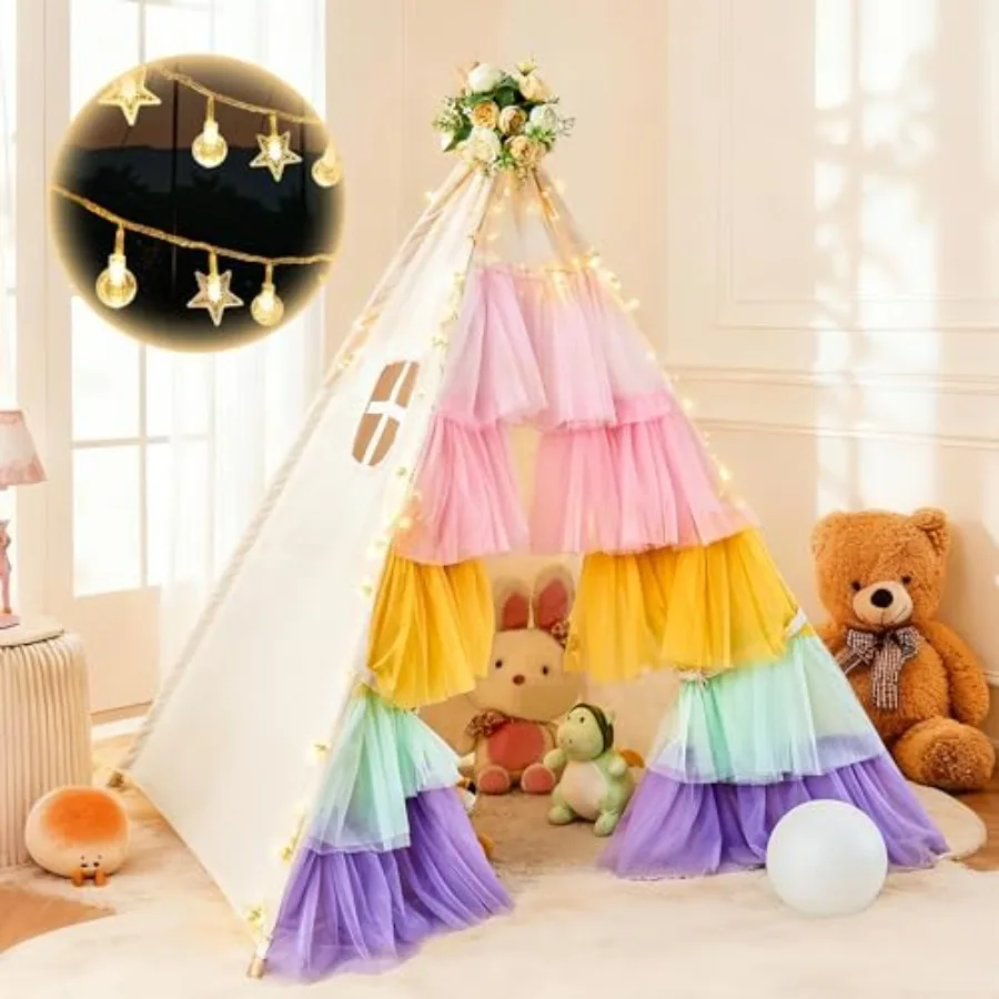 Foldable Teepee Tent with Star Lights Rainbow Tulle for Inside Playhouse Girls Princess Play Tent Soft Polyester Fabric in Past
Foldable Teepee Tent with Star Lights Rainbow Tulle for Inside Playhouse Girls Princess Play Tent Soft Polyester Fabric in Past