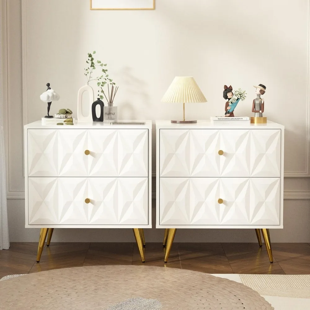 Set of 2 Modern Nightstands, Diamond-Pattern 2-Drawer Side Tables w/ Gold Handles & Legs, Chic Bedroom Accent
Set of 2 Modern Nightstands, Diamond-Pattern 2-Drawer Side Tables w/ Gold Handles & Legs, Chic Bedroom Accent