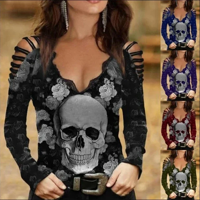 Autumn and Winter Fashion Women Top V-neck Sexy Skull Flower Print T-shirt Gothic Hollow Long Sleeve Female Tops
Autumn and Winter Fashion Women Top V-neck Sexy Skull Flower Print T-shirt Gothic Hollow Long Sleeve Female Tops