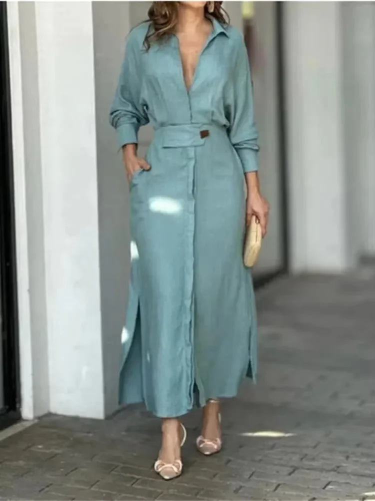 Fashion Slit Solid Women's Shirt Dress Casual V Neck Lapel Full Sleeve With Pockets Long Skirt Spring Lady Streetwear Dresses
Fashion Slit Solid Women's Shirt Dress Casual V Neck Lapel Full Sleeve With Pockets Long Skirt Spring Lady Streetwear Dresses