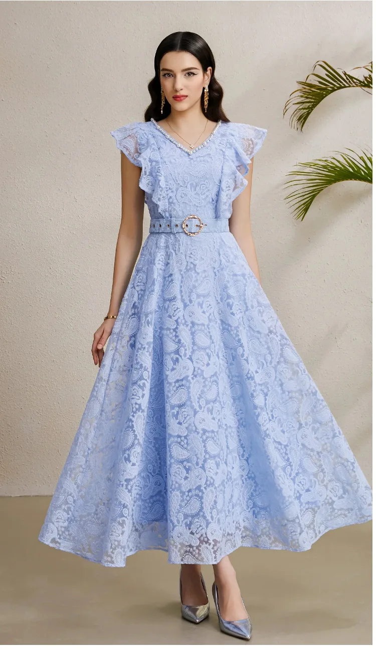 High Street Summer Women's Dress Vacation V-neck Long Dress with Stud Embellishments Flared Skirt and Flutter Sleeves
High Street Summer Women's Dress Vacation V-neck Long Dress with Stud Embellishments Flared Skirt and Flutter Sleeves