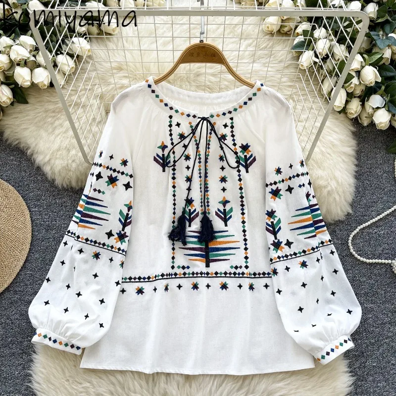 Spring Autumn 2025 Woman Shirts & Blouses O-neck Lace-up Blusas Embroidered Ropa Mujer Loose Casual Camisas Women Clothing
Spring Autumn 2025 Woman Shirts & Blouses O-neck Lace-up Blusas Embroidered Ropa Mujer Loose Casual Camisas Women Clothing