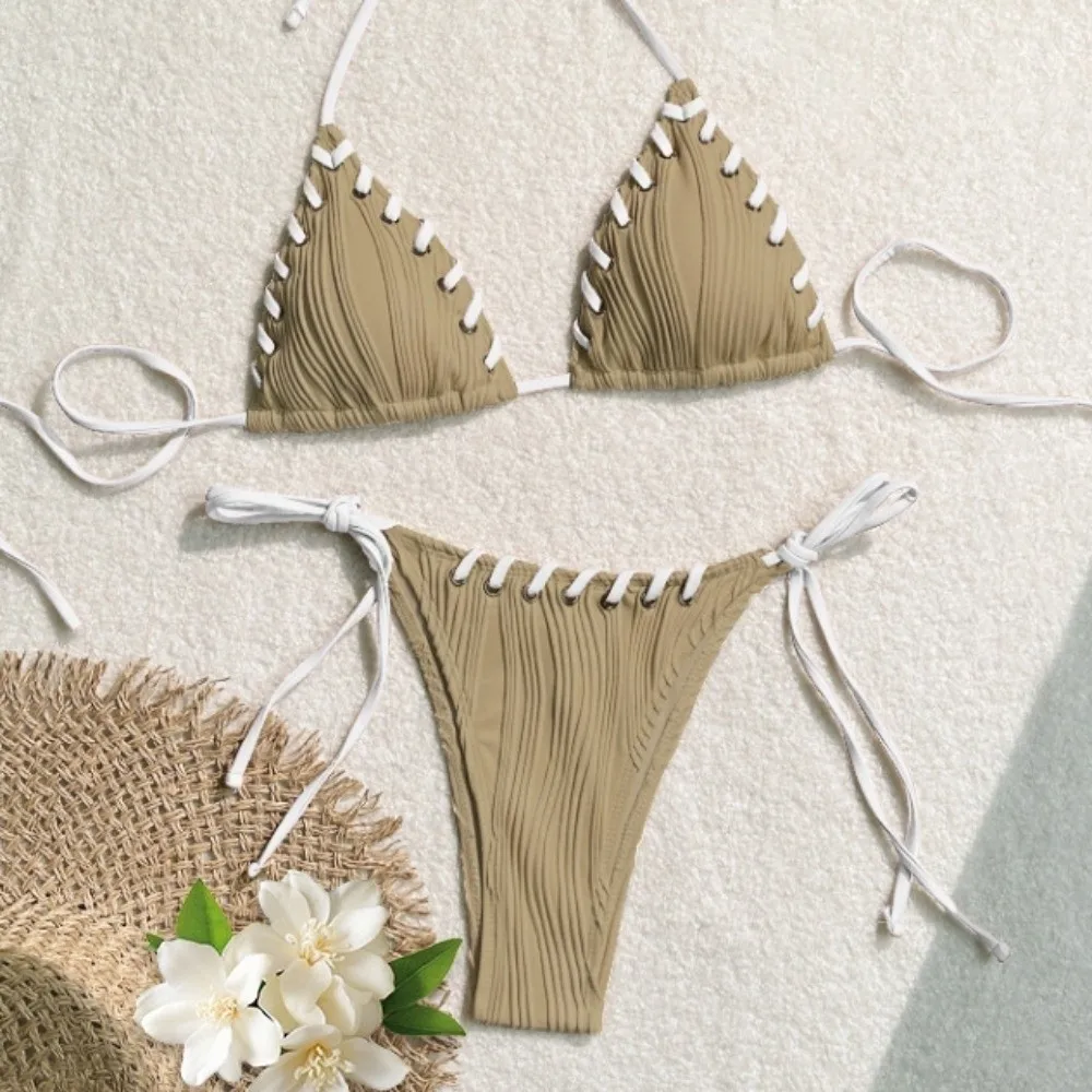 Casual Rope String Bikini Suit Lace Up Slim Fit Swimwear Set Ruffled Halter Neck Sling Swimsuit Resort Wear
Casual Rope String Bikini Suit Lace Up Slim Fit Swimwear Set Ruffled Halter Neck Sling Swimsuit Resort Wear