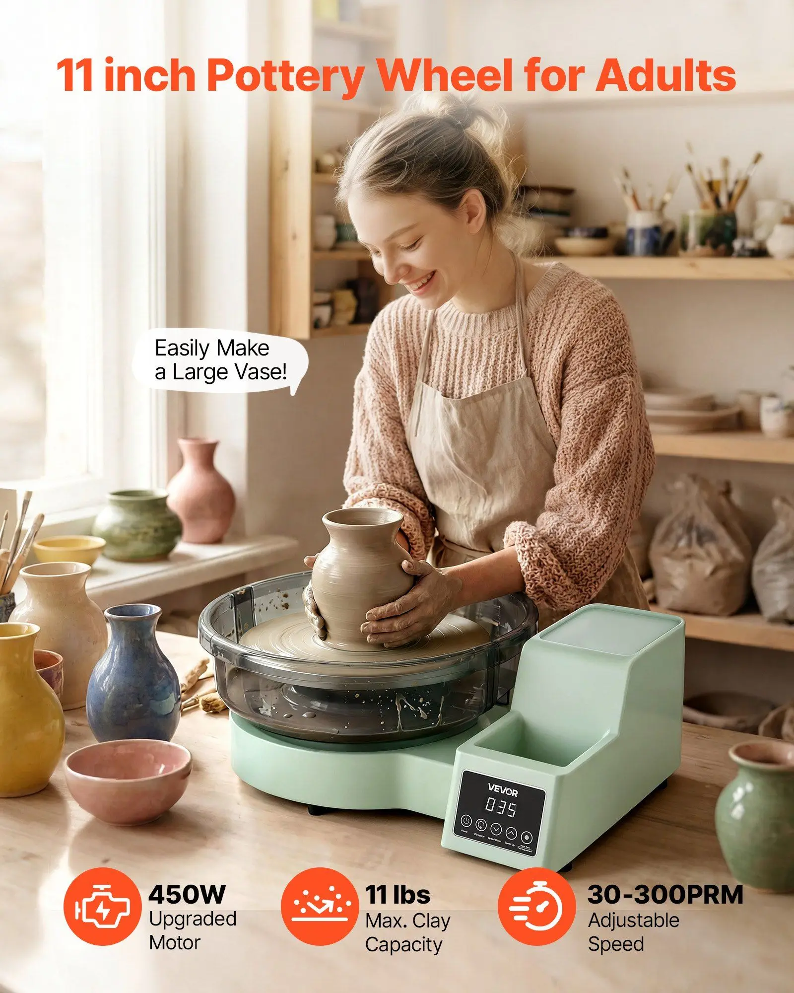 Pottery Wheel for Adults, 11" Aluminum Turntable, 450W Electric Table Top Pottery Wheel with Foot Pedal, 30-300 RPM Adjustable
Pottery Wheel for Adults, 11" Aluminum Turntable, 450W Electric Table Top Pottery Wheel with Foot Pedal, 30-300 RPM Adjustable