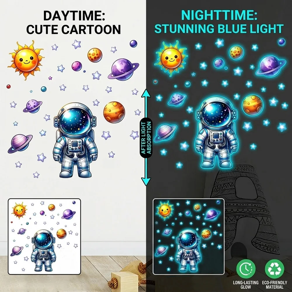 Glow in The Dark Astronaut PVC Wall Stickers Waterproof Self-Adhesive Luminous Decals for Kids Room Bedroom Ceiling Home Decor
Glow in The Dark Astronaut PVC Wall Stickers Waterproof Self-Adhesive Luminous Decals for Kids Room Bedroom Ceiling Home Decor