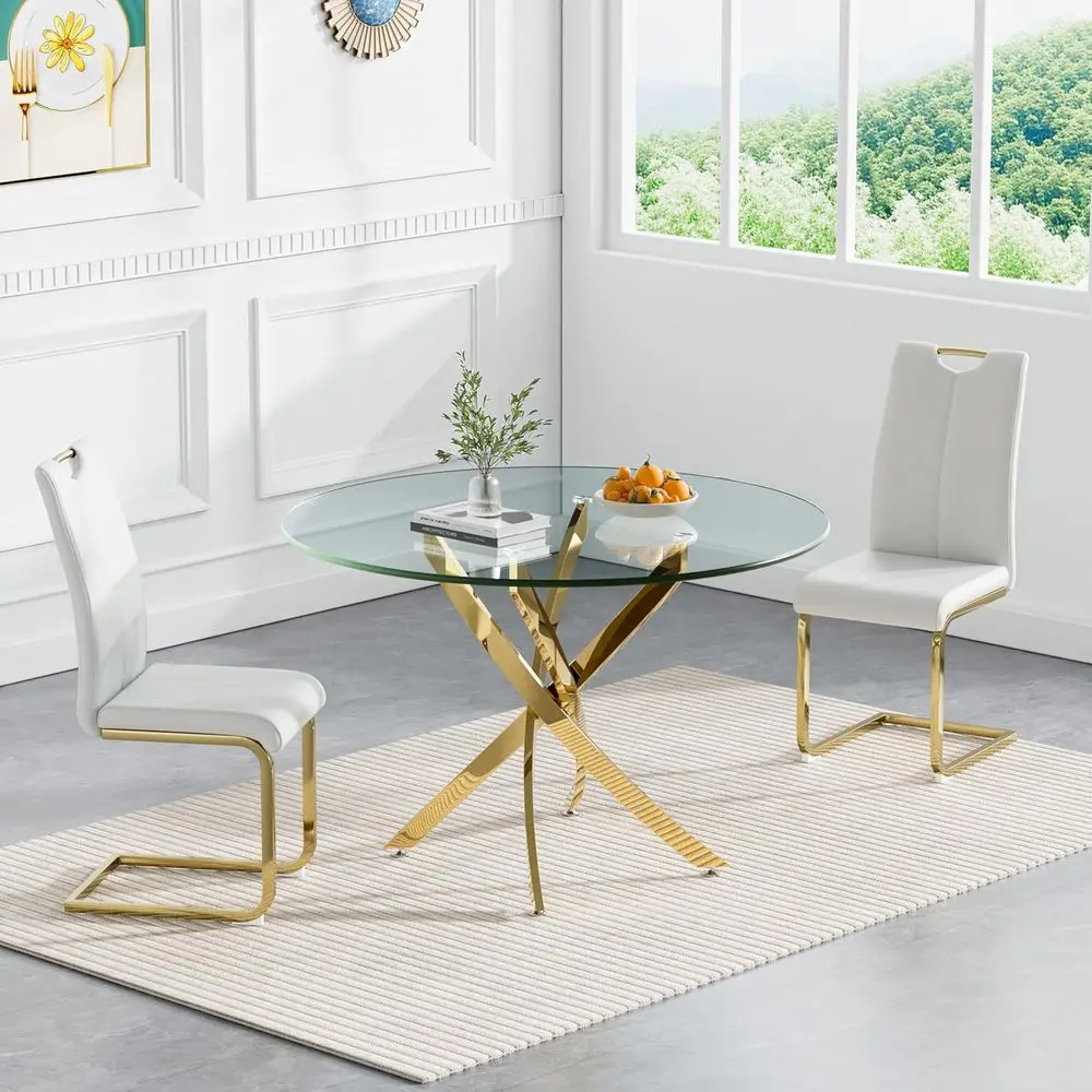 Round Glass Dining Table Set with 2 PU Leather Chairs
Round Glass Dining Table Set with 2 PU Leather Chairs