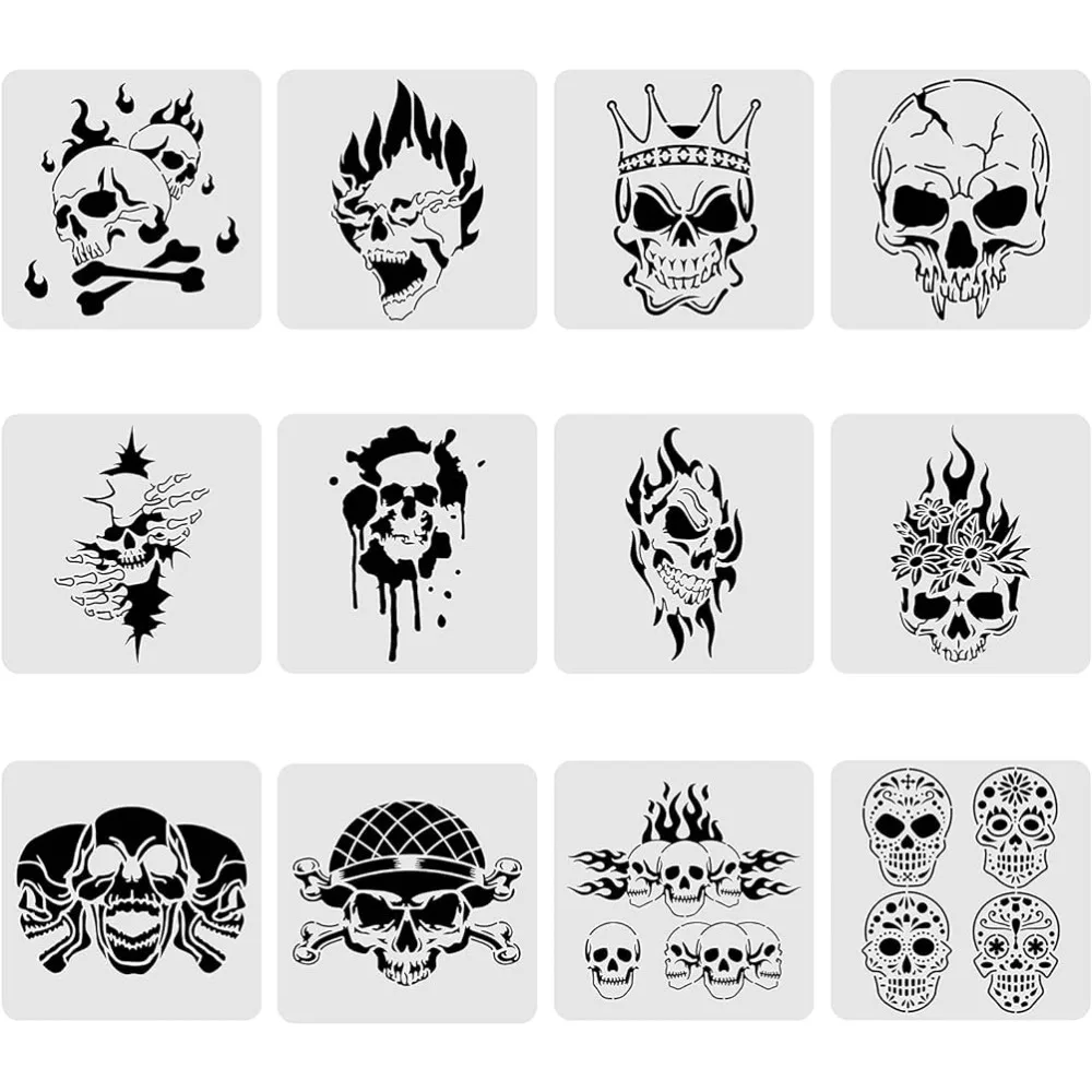 12PCS Skull Pattern Plastic Drawing Templates, 12x12 Inch Halloween Theme Painting Template Stencil for Scrabooking Card Making
12PCS Skull Pattern Plastic Drawing Templates, 12x12 Inch Halloween Theme Painting Template Stencil for Scrabooking Card Making