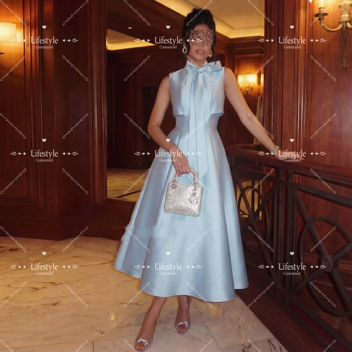 Customized Light Blue Satin Bow Neck Midi Evening Dress Sleeveless A-line Formal Party Gown
Customized Light Blue Satin Bow Neck Midi Evening Dress Sleeveless A-line Formal Party Gown