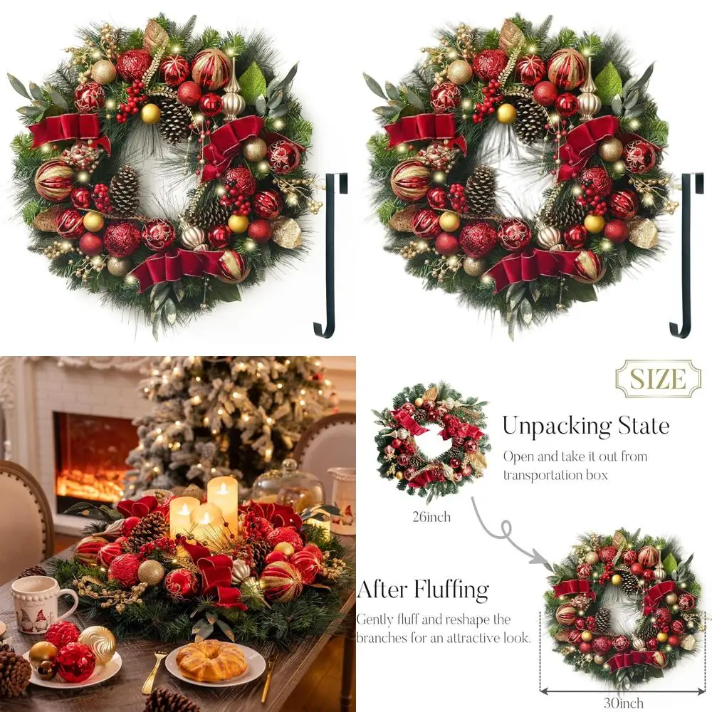 LARGE PRE-LIT CHRISTMAS WREATH WITH RED & GOLD BALLS FOR FRONT DOOR, OUTDOOR HOLIDAY DECORATION
LARGE PRE-LIT CHRISTMAS WREATH WITH RED & GOLD BALLS FOR FRONT DOOR, OUTDOOR HOLIDAY DECORATION