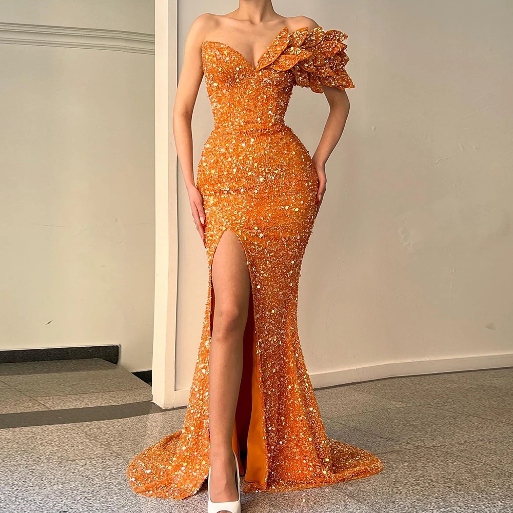 Sexy Evening Dresses 2023 Luxury Sparkle V-Neck Sequin Mermaid Pageant Dress Side Split Sleeveless Orange Simple Long Prom Gowns
Sexy Evening Dresses 2023 Luxury Sparkle V-Neck Sequin Mermaid Pageant Dress Side Split Sleeveless Orange Simple Long Prom Gowns
