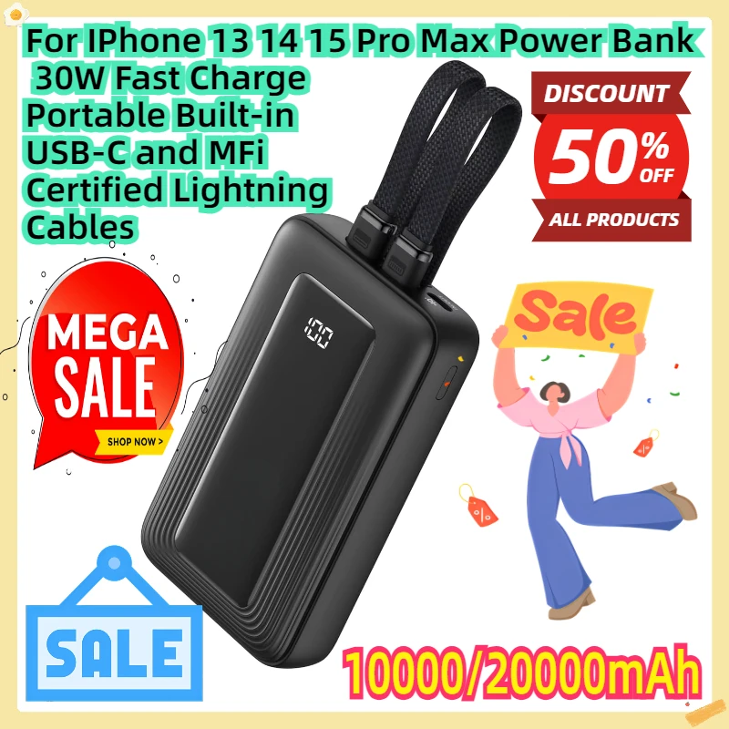 For IPhone 13 14 15 Pro Max Power Bank 30W Fast Charge Portable Built-in USB-C and MFi Certified Lightning Cables
For IPhone 13 14 15 Pro Max Power Bank 30W Fast Charge Portable Built-in USB-C and MFi Certified Lightning Cables