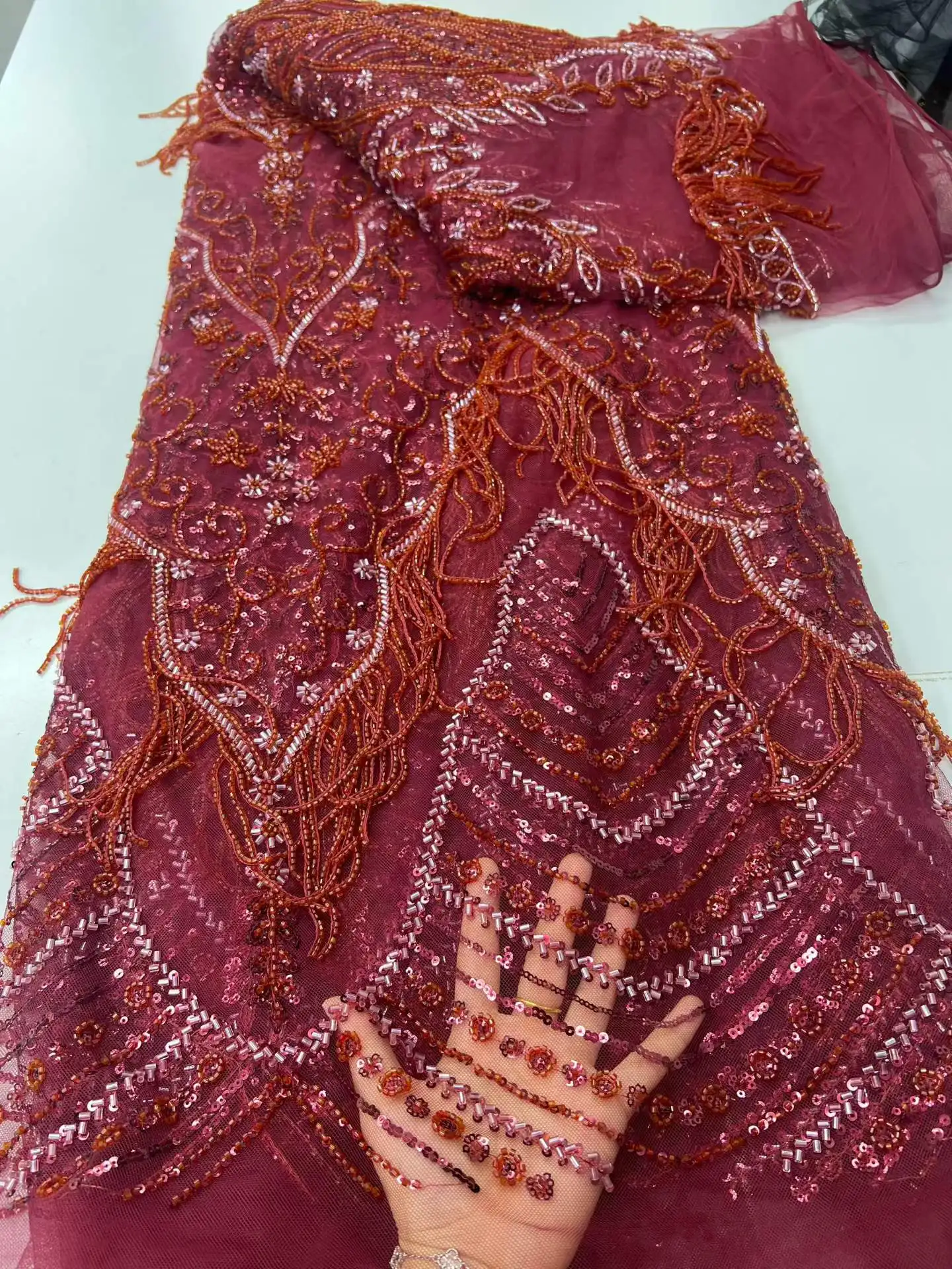 Wine African Beaded Tulle Lace Fabric 2026 High Quality Luxury French Nigerian Sequins Mesh Tulle Lace for Party Dress Sewing
Wine African Beaded Tulle Lace Fabric 2026 High Quality Luxury French Nigerian Sequins Mesh Tulle Lace for Party Dress Sewing
