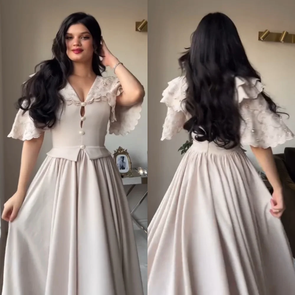 Customized Jersey Ruched Button A-line V-neck Midi Dresses Bespoke Occasion Elegant Homecoming Party Gown Simple فساتين الحفلات
Customized Jersey Ruched Button A-line V-neck Midi Dresses Bespoke Occasion Elegant Homecoming Party Gown Simple فساتين الحفلات