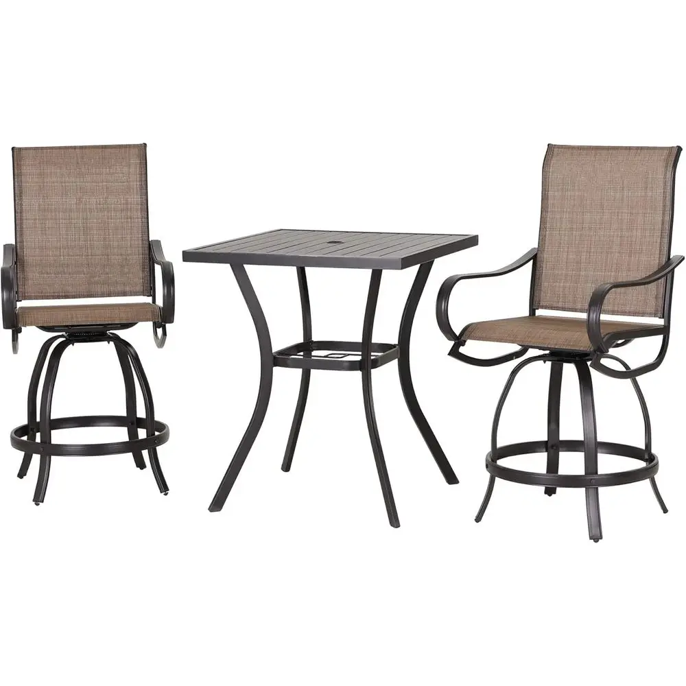 3-Piece Outdoor Bar Set: 2 Counter Height Sling Stool & Metal Table with Umbrella Hole
3-Piece Outdoor Bar Set: 2 Counter Height Sling Stool & Metal Table with Umbrella Hole