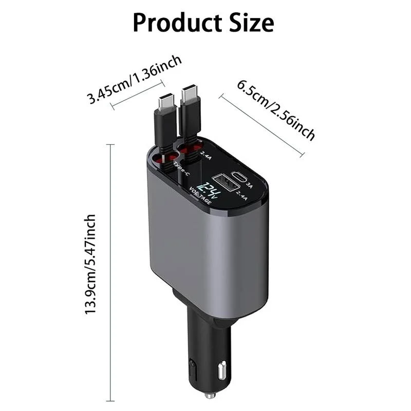 4-in-1 Fast Retractable Car Charger -120W Type Adapter With 2X Retractable PhoneCables, 2X USB Ports
4-in-1 Fast Retractable Car Charger -120W Type Adapter With 2X Retractable PhoneCables, 2X USB Ports