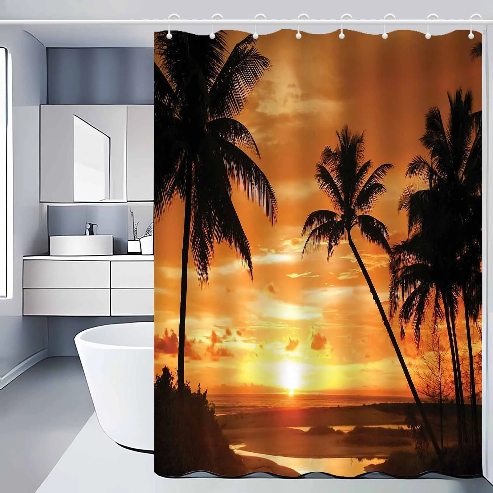 1 шт., занавеска для душа с пальмовым деревом на закате, элегантная занавеска для ванны из полиэстера с тропической пляжной сцены, можно стирать в машине, Decorativ
1 шт., занавеска для душа с пальмовым деревом на закате, элегантная занавеска для ванны из полиэстера с тропической пляжной сцены, можно стирать в машине, Decorativ