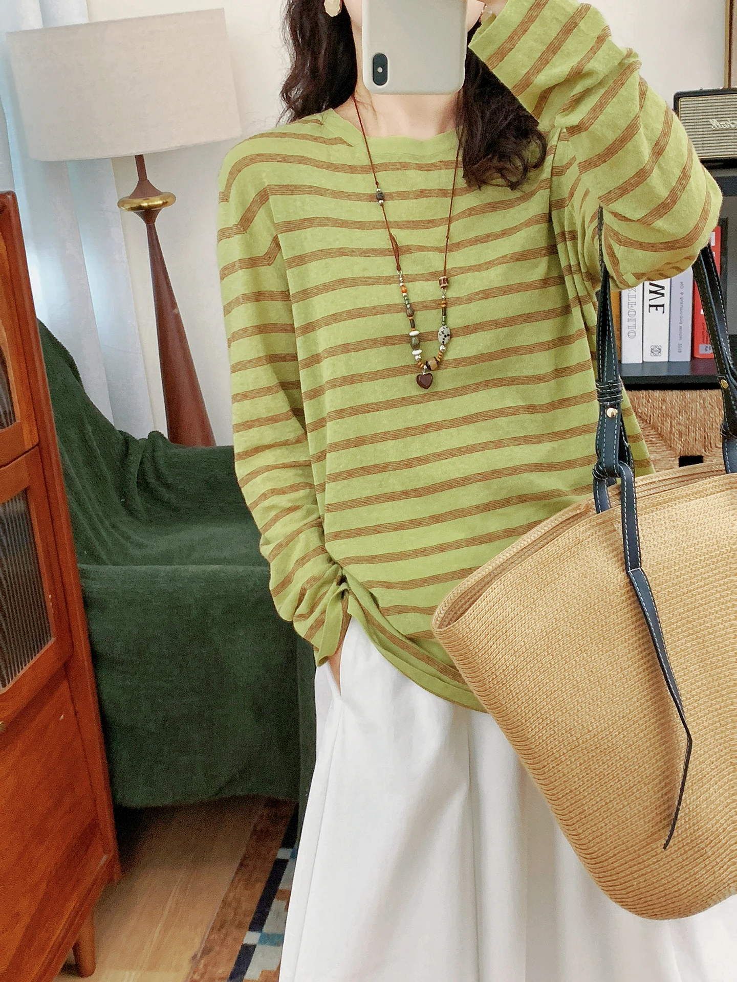 Retro Style Loose Fit Long Sleeve Knitted Cotton Linen Blend Women's T-Shirt round Neck Striped Base Layer Spring Top
Retro Style Loose Fit Long Sleeve Knitted Cotton Linen Blend Women's T-Shirt round Neck Striped Base Layer Spring Top