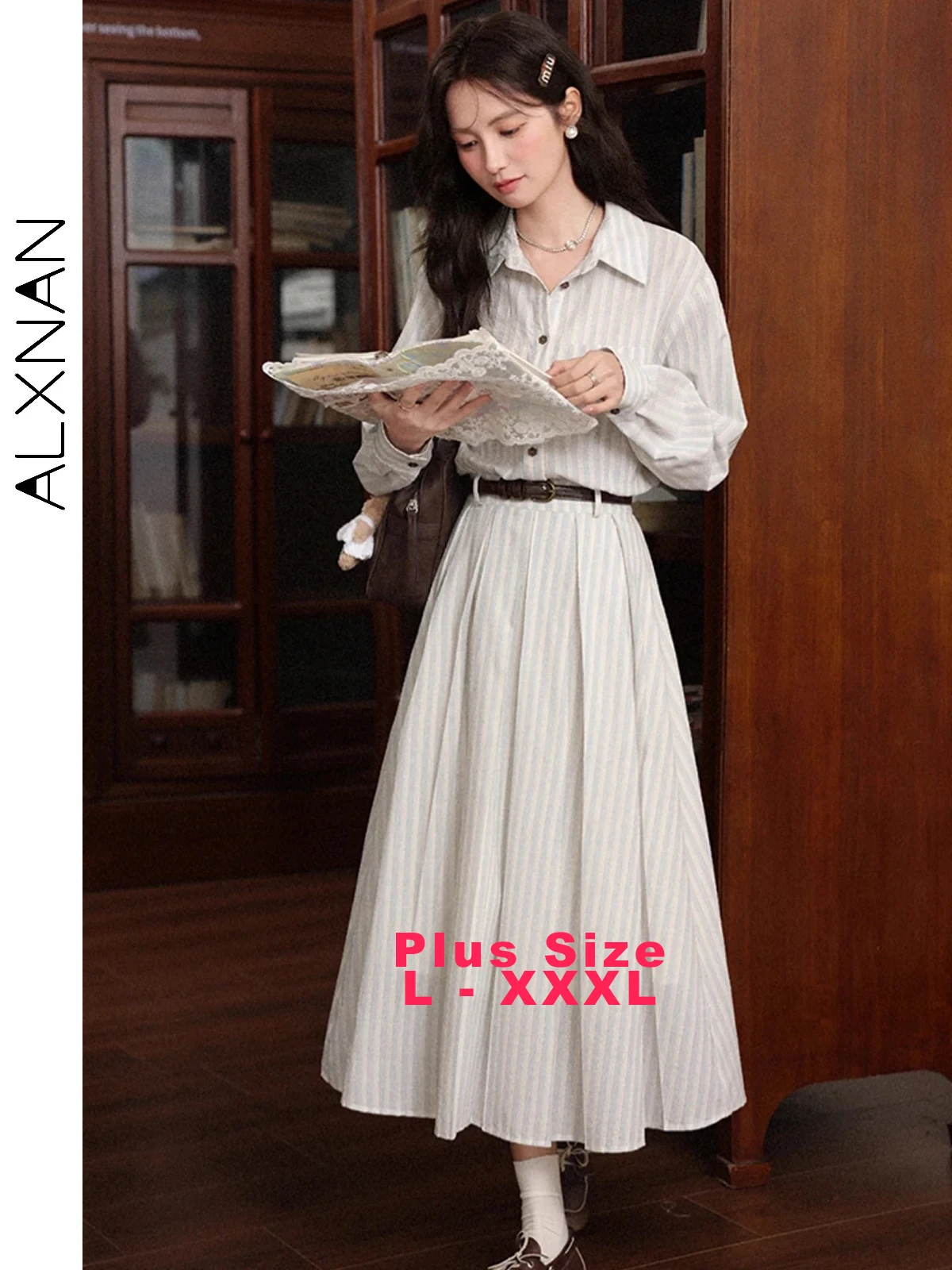 ALXNAN Plus Size Striped Dress Lapel Long Sleeve A-line Shirt Dresses Elegant Office Lady 2025 Autumn Long Dress Female D12320 
ALXNAN Plus Size Striped Dress Lapel Long Sleeve A-line Shirt Dresses Elegant Office Lady 2025 Autumn Long Dress Female D12320