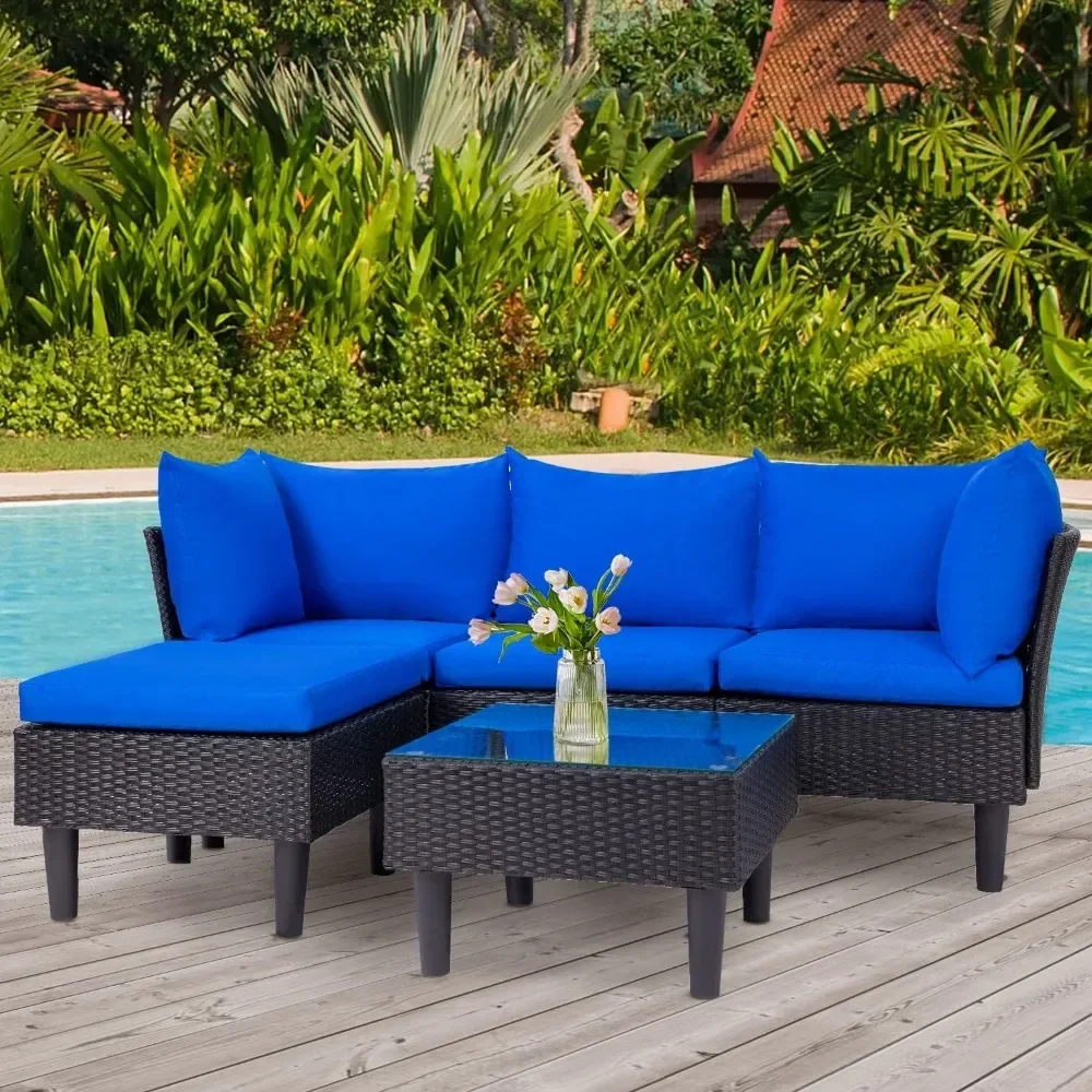 Outdoor Sofa Wicker Chair Patio Furniture Set 5 Piece With Poolside Balcony Garden Furniture with Coffee Table,Blue Cushion
Outdoor Sofa Wicker Chair Patio Furniture Set 5 Piece With Poolside Balcony Garden Furniture with Coffee Table,Blue Cushion