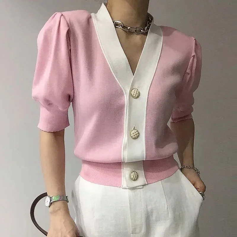 Fashion Summer V-Neck Knitted Sweater Women Cardigans Short Sleeve Spliced Knit Sweater Cardigan Women Tops Women Clothing Q3558
Fashion Summer V-Neck Knitted Sweater Women Cardigans Short Sleeve Spliced Knit Sweater Cardigan Women Tops Women Clothing Q3558