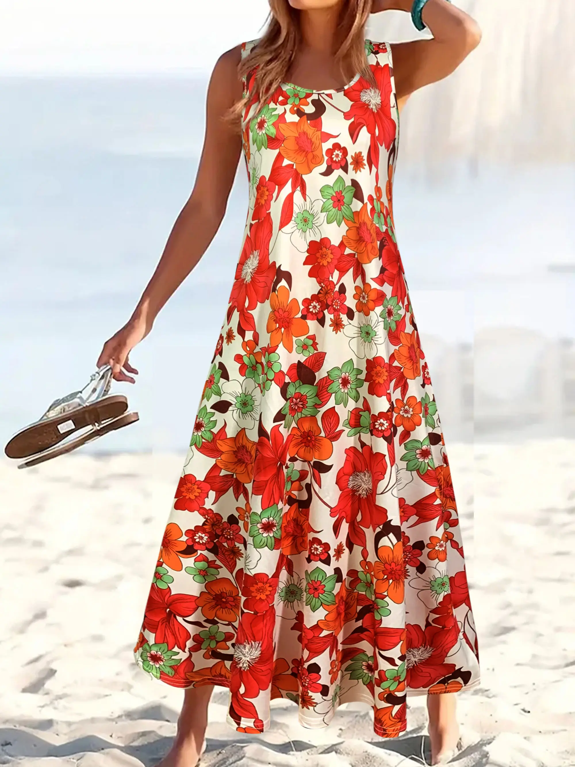 Women's Red Floral Print Sleeveless Maxi Dress, Summer Casual Round Neck Flowy A-Line Beach Sundress
Women's Red Floral Print Sleeveless Maxi Dress, Summer Casual Round Neck Flowy A-Line Beach Sundress