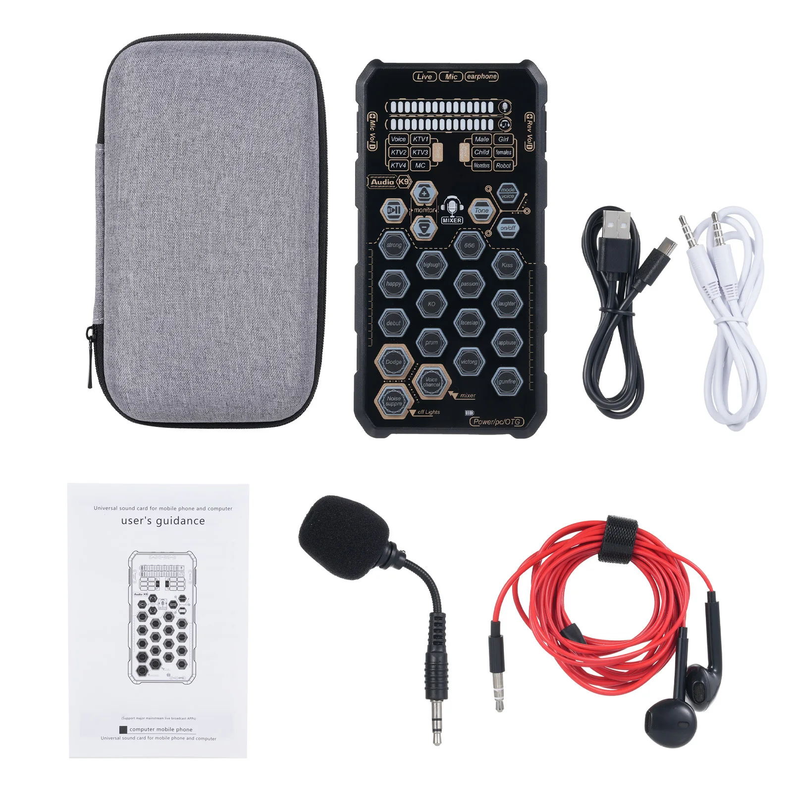 K9 Handheld Live Sound Card Sound Board Set with Voice Change Mixer for Mobile Karaoke Podacsting Broadcasting Singing Recording
K9 Handheld Live Sound Card Sound Board Set with Voice Change Mixer for Mobile Karaoke Podacsting Broadcasting Singing Recording