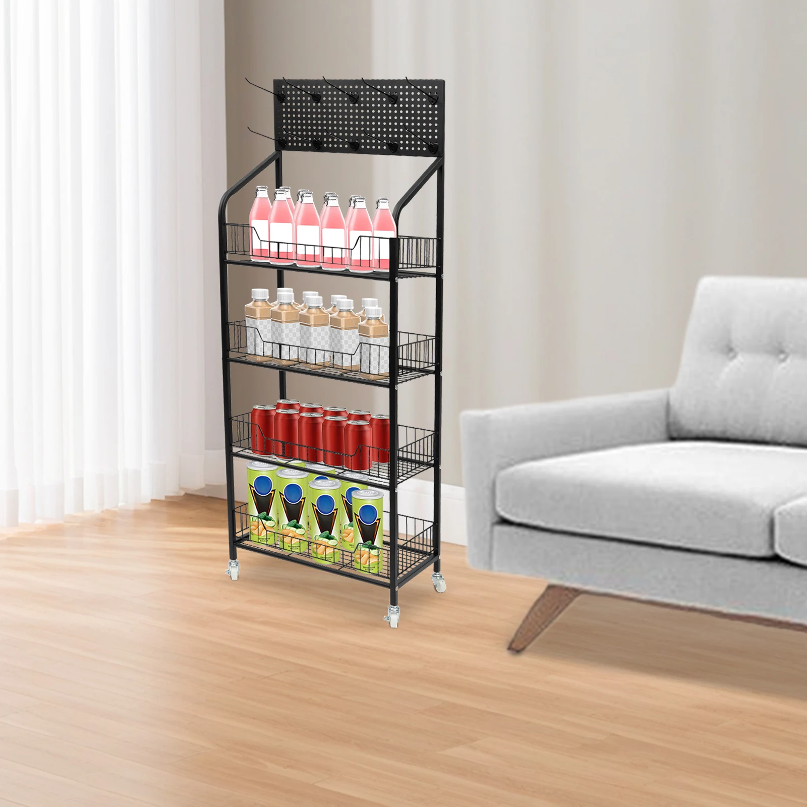 4-Tier Retail Display Rack. 50x27x140cm, 10kg/Shelf, Grid Design, 10 Hooks Included, Lockable Wheels, for Snacks, Fruits, Store (Black)
4-Tier Retail Display Rack. 50x27x140cm, 10kg/Shelf, Grid Design, 10 Hooks Included, Lockable Wheels, for Snacks, Fruits, Store (Black)