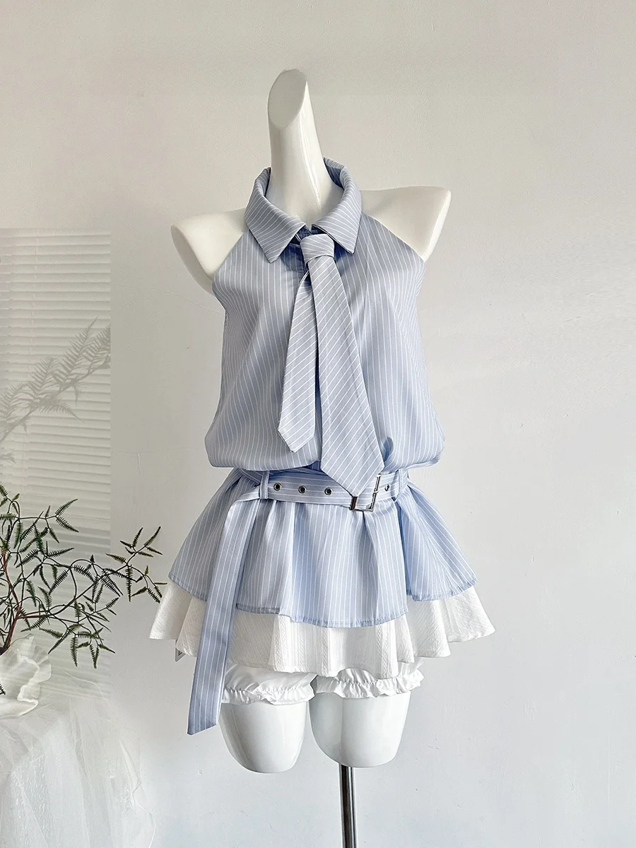 Luckymann Summer Salt Sea Korean Style Shirt Sleeveless Stripe Dress Two-Piece Set Women's Fashion Short Length Flip Collar
Luckymann Summer Salt Sea Korean Style Shirt Sleeveless Stripe Dress Two-Piece Set Women's Fashion Short Length Flip Collar