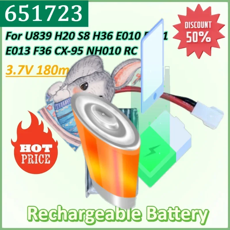 651723 3.7V 180mAh PH2.0 Battery for U839 H20 S8 H36 E010 E011 E013 F36 CX-95 NH010 RC Quadcopter Spares Parts RC Drone
651723 3.7V 180mAh PH2.0 Battery for U839 H20 S8 H36 E010 E011 E013 F36 CX-95 NH010 RC Quadcopter Spares Parts RC Drone