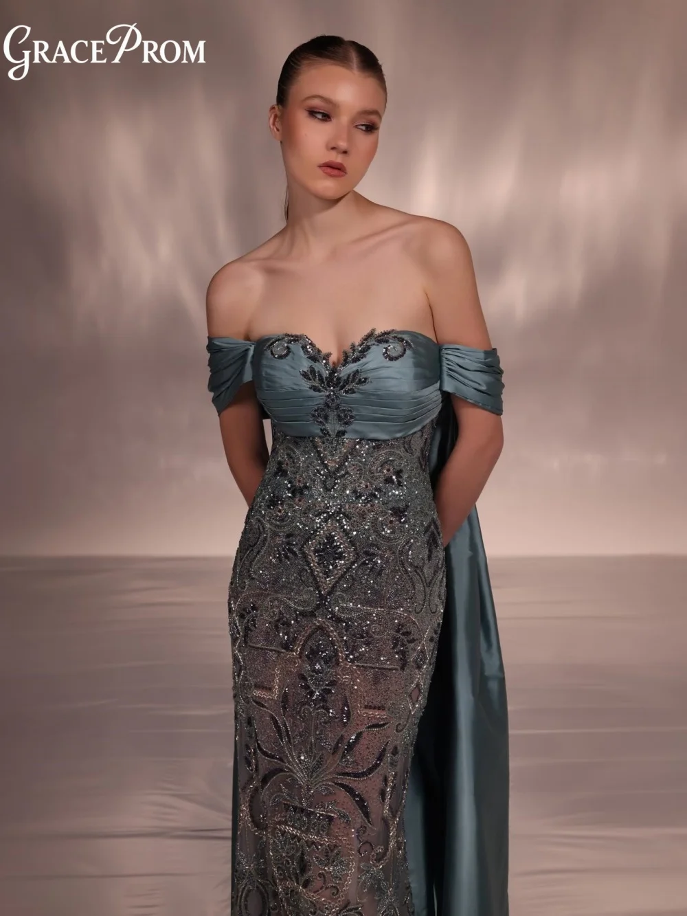 Lux Off Shoulder Teal Satin Ruched Cuff Dual Long Train Crystal Mesh Evening Gown Party Dress For Wedding Guests فساتين سهرة
Lux Off Shoulder Teal Satin Ruched Cuff Dual Long Train Crystal Mesh Evening Gown Party Dress For Wedding Guests فساتين سهرة