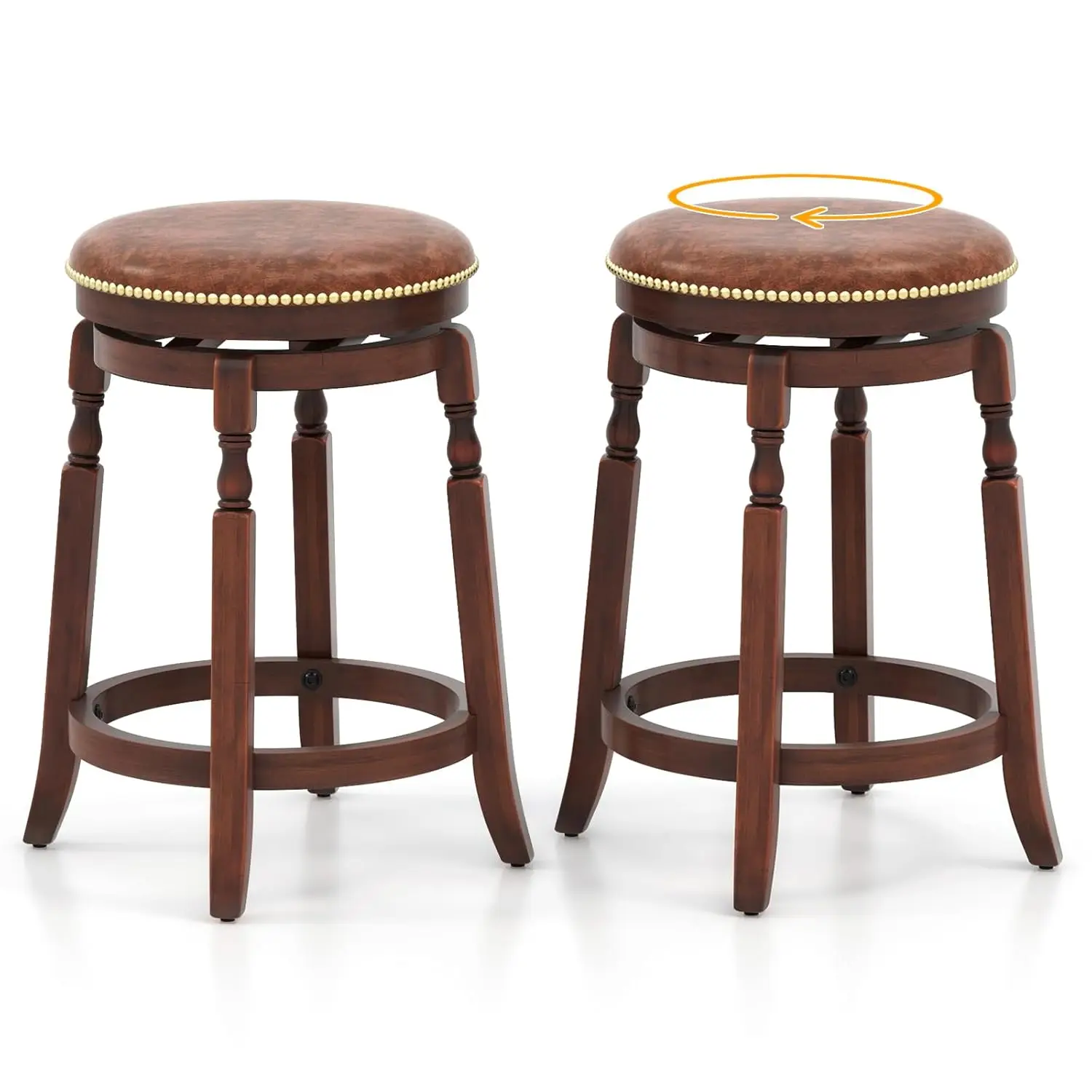 24in Round Swivel Wood Bar Stools 2pc Backless PU Leather Counter Stool with Footrest Rivets Kitchen Island Walnut, Customized
24in Round Swivel Wood Bar Stools 2pc Backless PU Leather Counter Stool with Footrest Rivets Kitchen Island Walnut, Customized