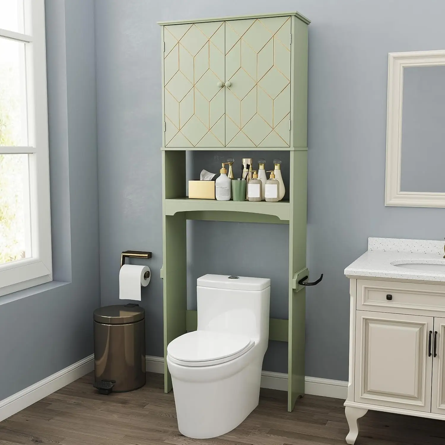 Over Toilet Storage Cabinet Gold Trim Adjustable Shelves Paper Holder Bathroom Spacesaver Green,Customized
Over Toilet Storage Cabinet Gold Trim Adjustable Shelves Paper Holder Bathroom Spacesaver Green,Customized