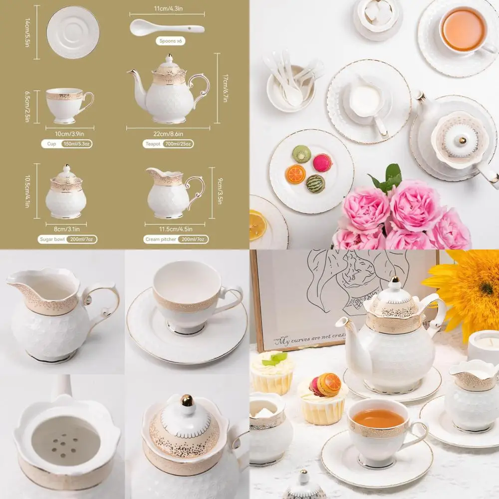 Vintage Gold Trimmed Porcelain Tea Set, 21 Pieces, Service for 6, Loose Tea Cups, Sugar Bowl, Creamer with Pitcher and Spoons, C
Vintage Gold Trimmed Porcelain Tea Set, 21 Pieces, Service for 6, Loose Tea Cups, Sugar Bowl, Creamer with Pitcher and Spoons, C