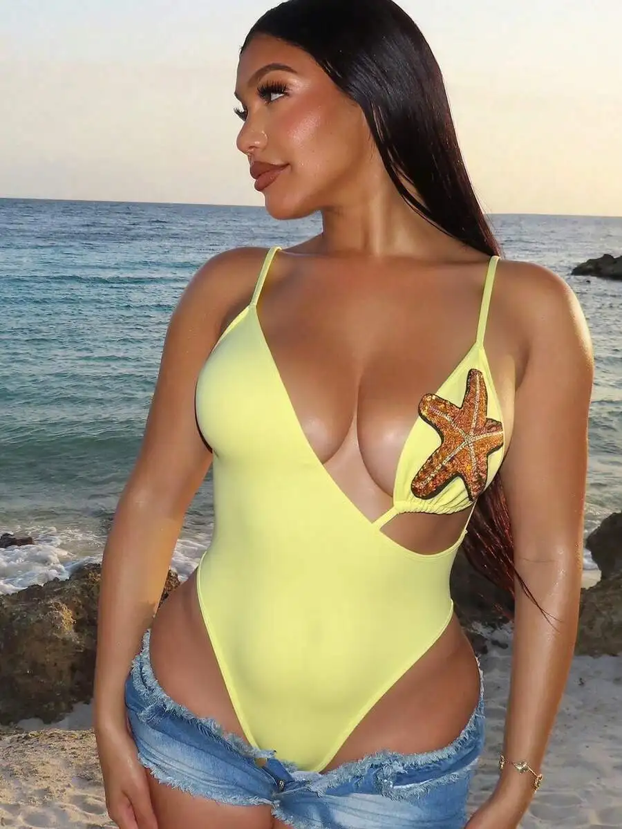Yellow One-Piece Swimsuit With Sequined Starfish Decor Spaghetti Strap Backless Beach Swimwear
Yellow One-Piece Swimsuit With Sequined Starfish Decor Spaghetti Strap Backless Beach Swimwear