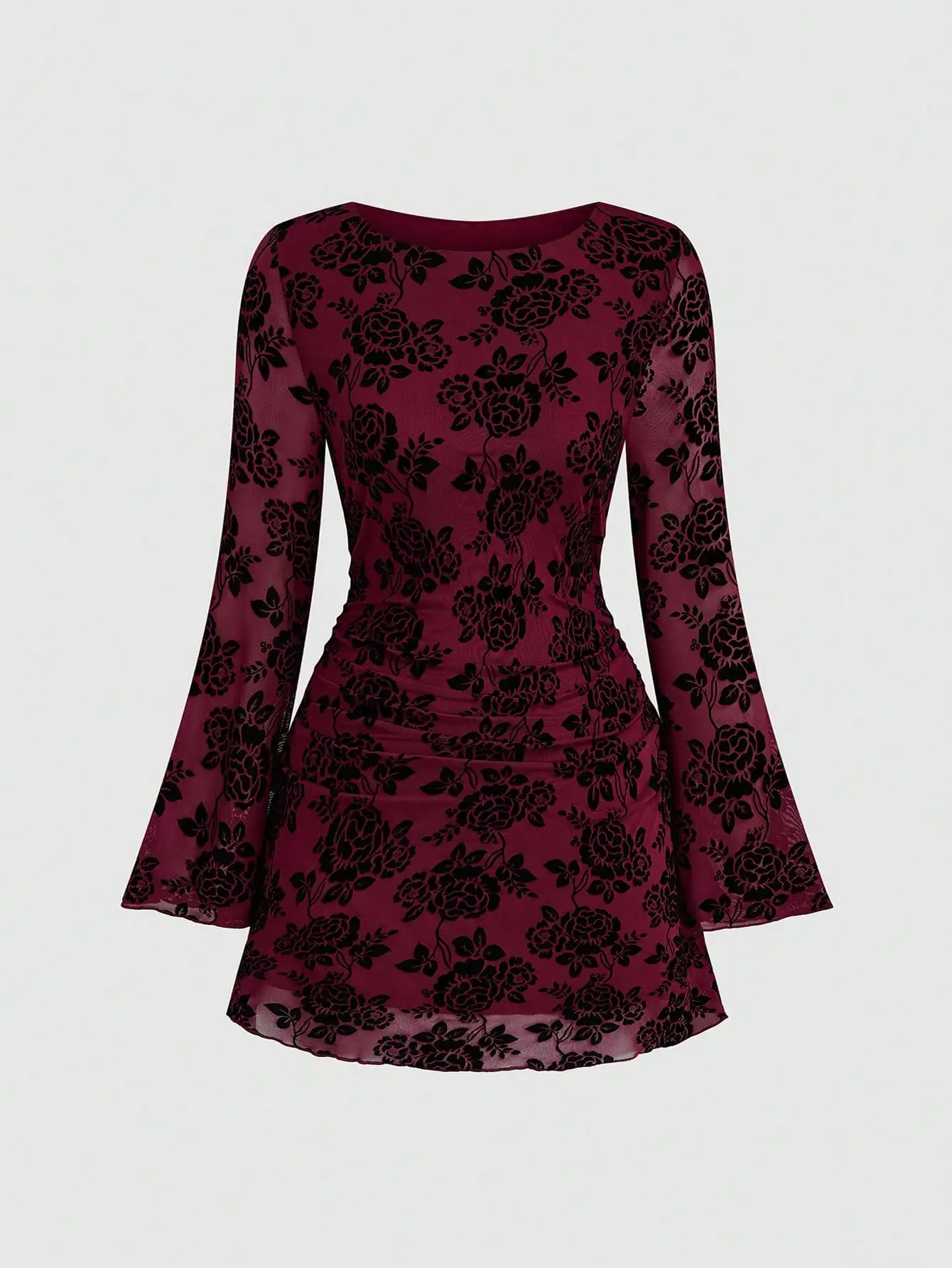 Deep Red Floral Flocked Bodycon Dress with Bell Sleeves
Deep Red Floral Flocked Bodycon Dress with Bell Sleeves