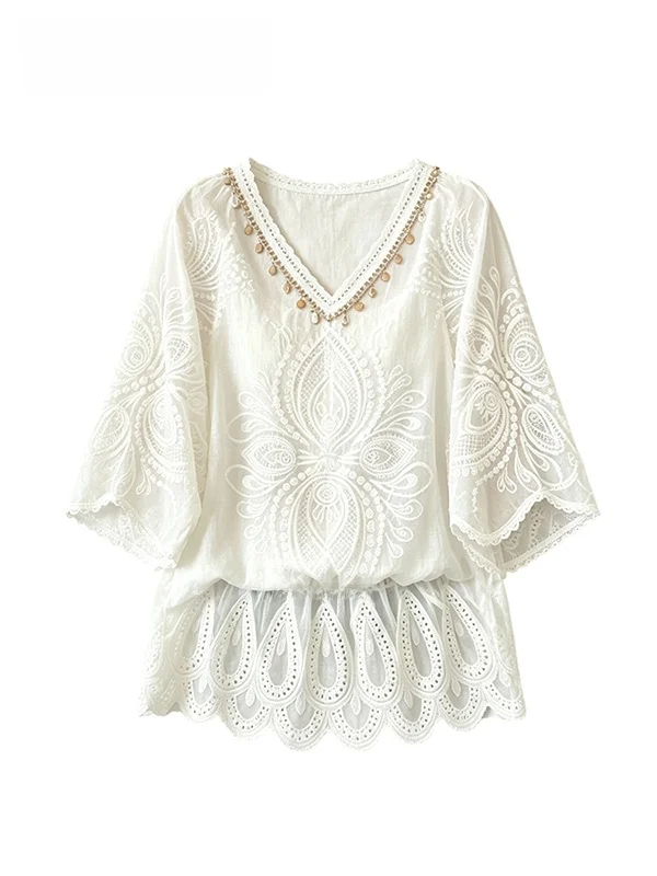 Loose Short Sleeve Lace Patchwork Retro Summer Shirt for plus Size Women Cara CLUB Big Size Fashionable Top Polyester Fiber
Loose Short Sleeve Lace Patchwork Retro Summer Shirt for plus Size Women Cara CLUB Big Size Fashionable Top Polyester Fiber