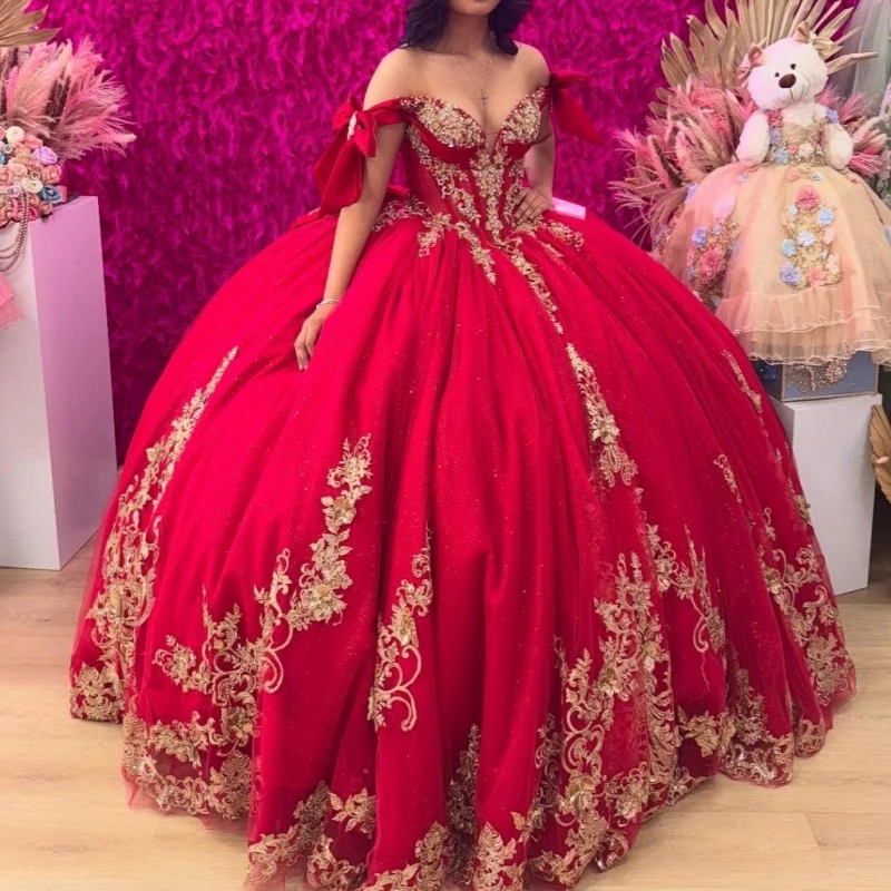 Red Princess Quinceanera Dresses Off Shoulder Applique Beading Bow Tull Sweet 16 Dress Ball Gown Vestidos 15 Anos
Red Princess Quinceanera Dresses Off Shoulder Applique Beading Bow Tull Sweet 16 Dress Ball Gown Vestidos 15 Anos