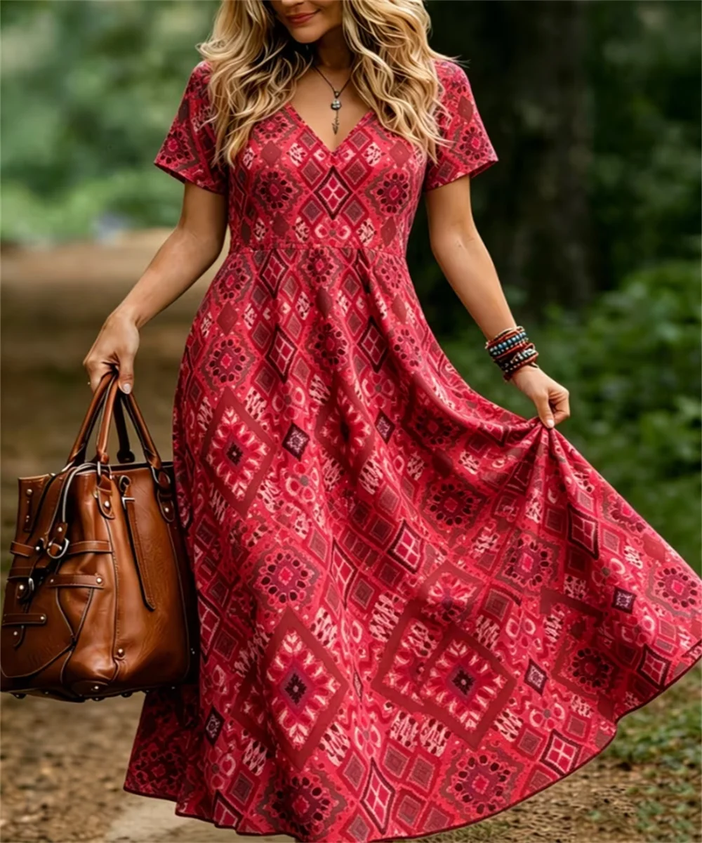 Ladies' summer new retro diamond geometric pattern printed daily comfortable dress, elegant and casual V-neck dress
Ladies' summer new retro diamond geometric pattern printed daily comfortable dress, elegant and casual V-neck dress