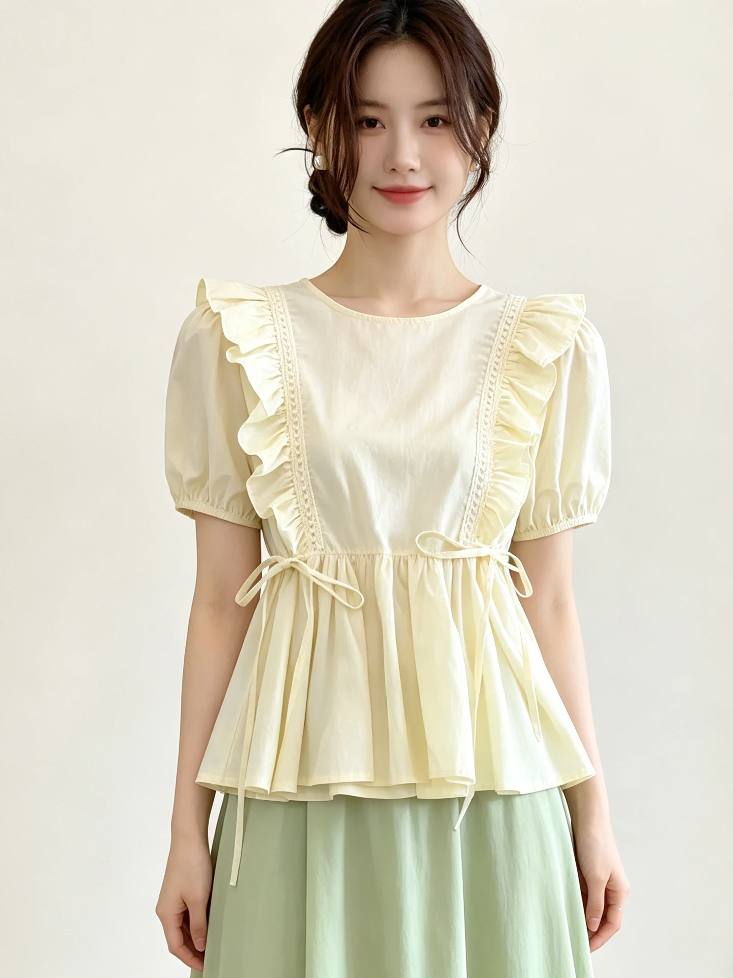 French Style Sweet Bubble Sleeve Short Sleeve Shirt Women's Summer round Neck Waist Cinched Loose Elegant Top Knot
French Style Sweet Bubble Sleeve Short Sleeve Shirt Women's Summer round Neck Waist Cinched Loose Elegant Top Knot