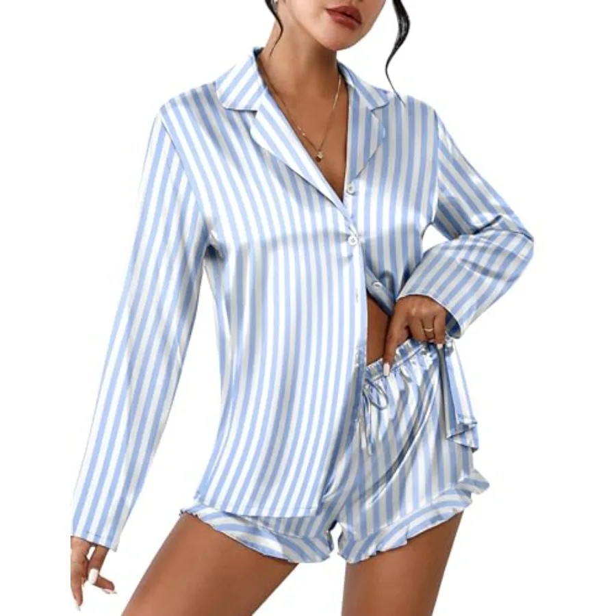 Womens Satin Pajama Sets Long Sleeve Top and Shorts Lounge Set Button Down Sleepwear
Womens Satin Pajama Sets Long Sleeve Top and Shorts Lounge Set Button Down Sleepwear