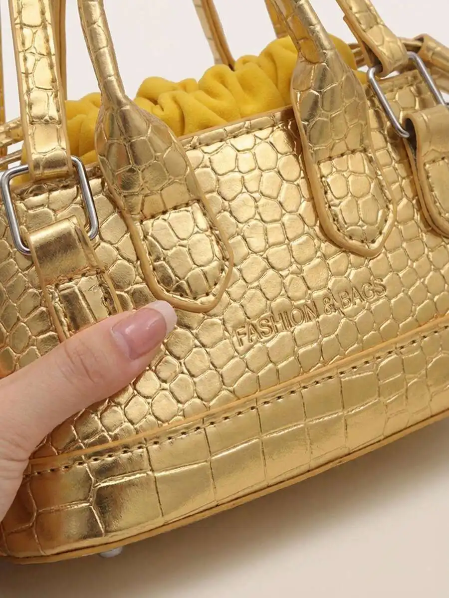 Gold Croc-Embossed Mini Drawstring Bucket Bag For Evening, Party, Or Streetwear – Clutch/Shoulder/Crossbody Use
Gold Croc-Embossed Mini Drawstring Bucket Bag For Evening, Party, Or Streetwear – Clutch/Shoulder/Crossbody Use